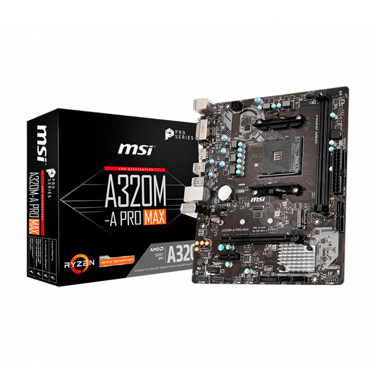 Placa Mãe MSI A320M-A Pro Max (AM4 - DDR4 3200 O.C) - Chipset AMD A320 - USB 3.2 - Slot M.2 - Micro ATX
