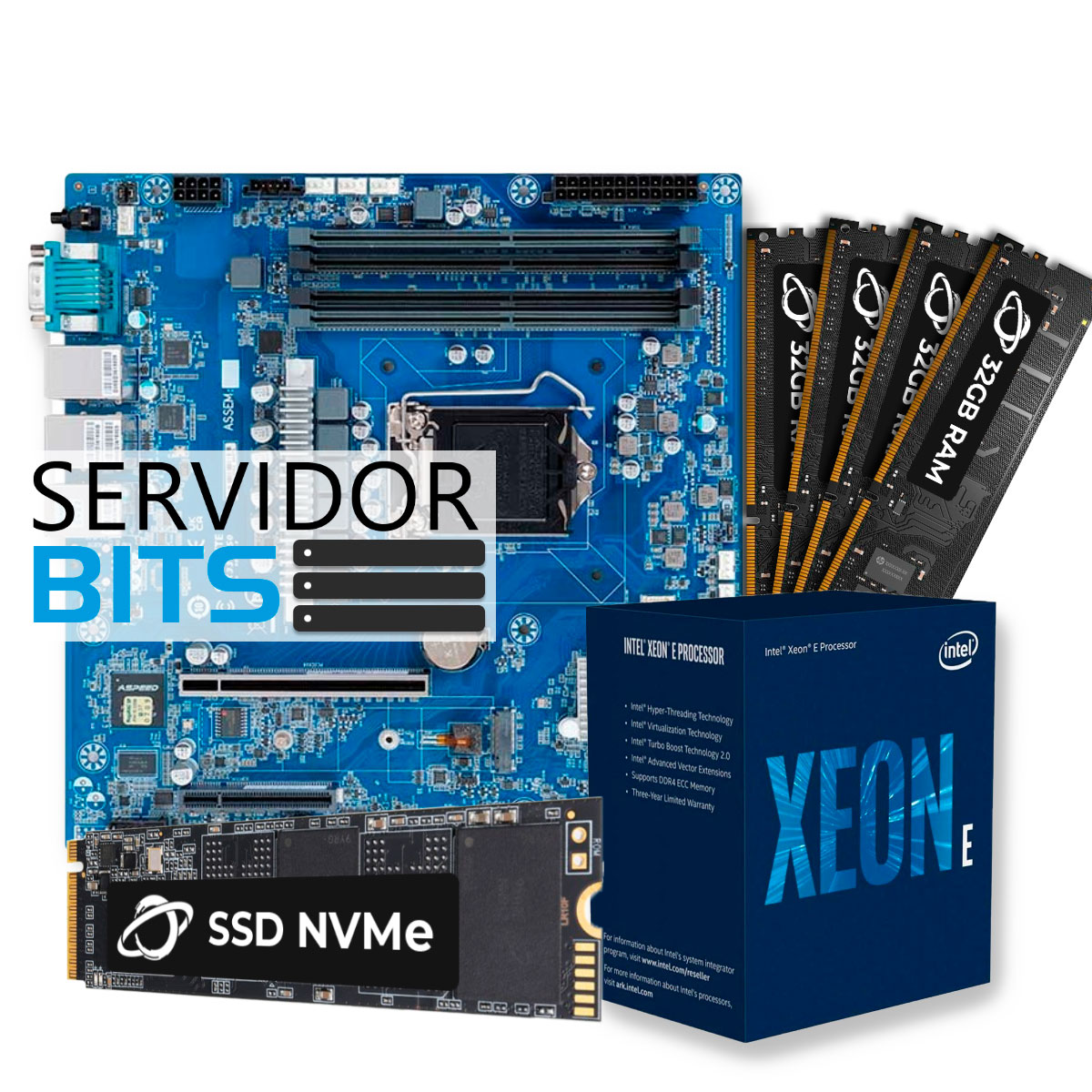 Kit Upgrade Servidor - Processador Intel® Xeon® E-2356G + Placa Mãe Gigabyte MX33-BS0 + Memória non-ECC 128GB DDR4 (4x 32GB) + SSD NVME 1 TB