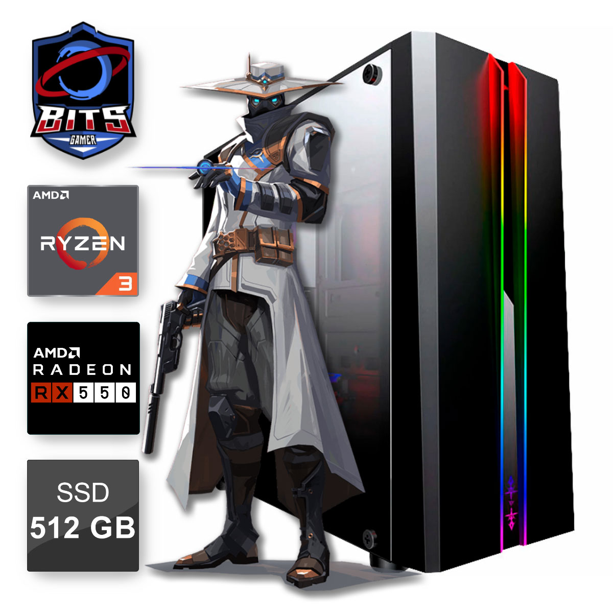 PC Gamer Bits 2024 - AMD Ryzen 3 4100, 16GB DDR4, SSD 512GB, Video Radeon RX 550