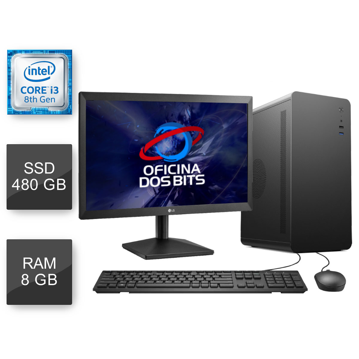 Computador Bits WorkHard - Intel i3 8100T, 8GB, SSD 480GB, Kit Teclado e Mouse, Monitor 19.5