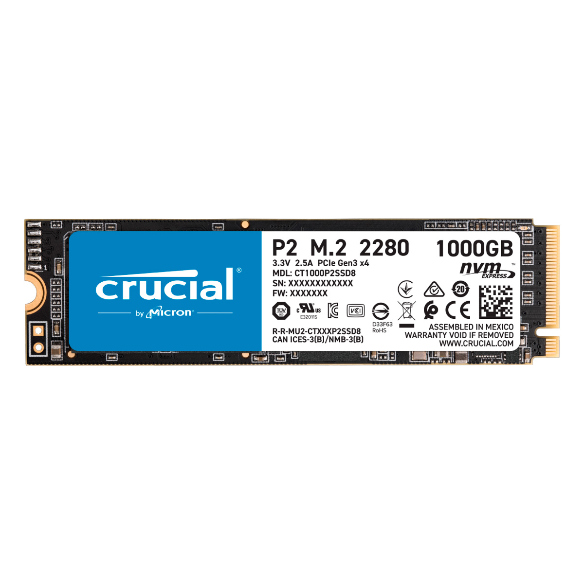 SSD M.2 1TB Crucial P2 - NVMe - Leitura 2400MB/s - Gravação 1800MB/s - CT1000P2SSD8