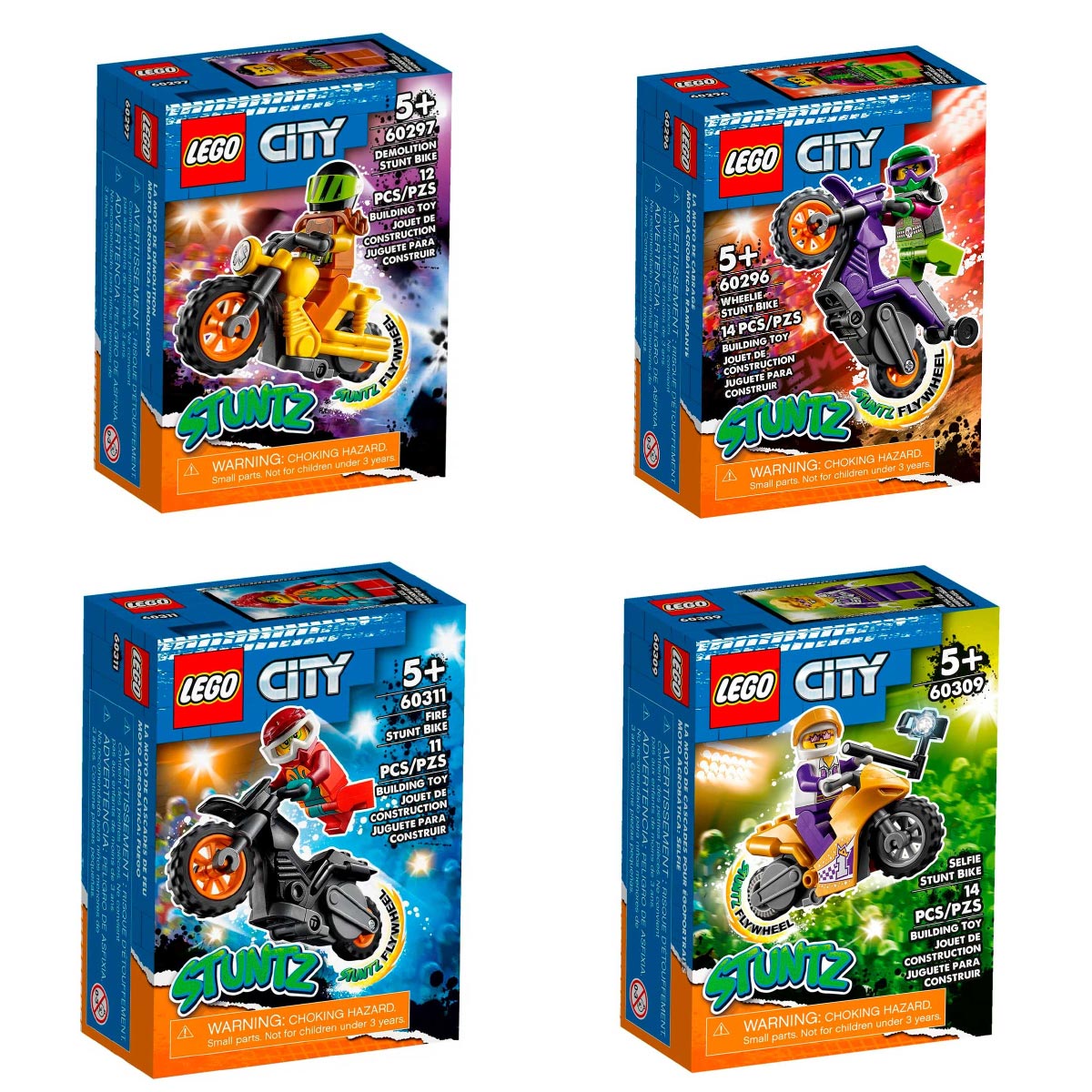 Conjunto 4x Motos LEGO City Stuntz - Motocicleta de Acrobacias Demolidoras, Selfie, Bombeiros + Motocicleta de Wheeling