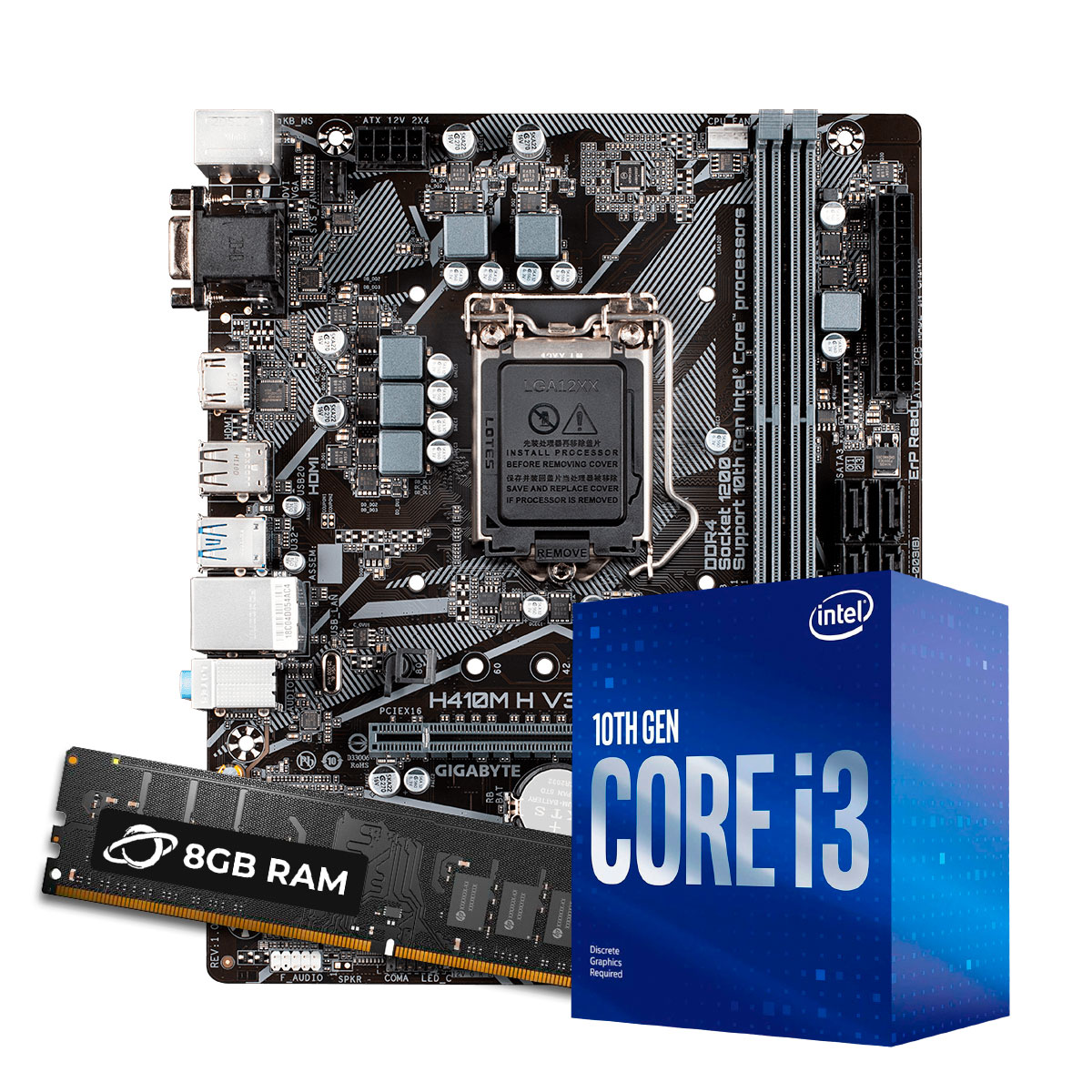 Kit Upgrade Processador Intel® Core™ i3 10100F + GIGABYTE H410M-H V3 + 8GB DDR4