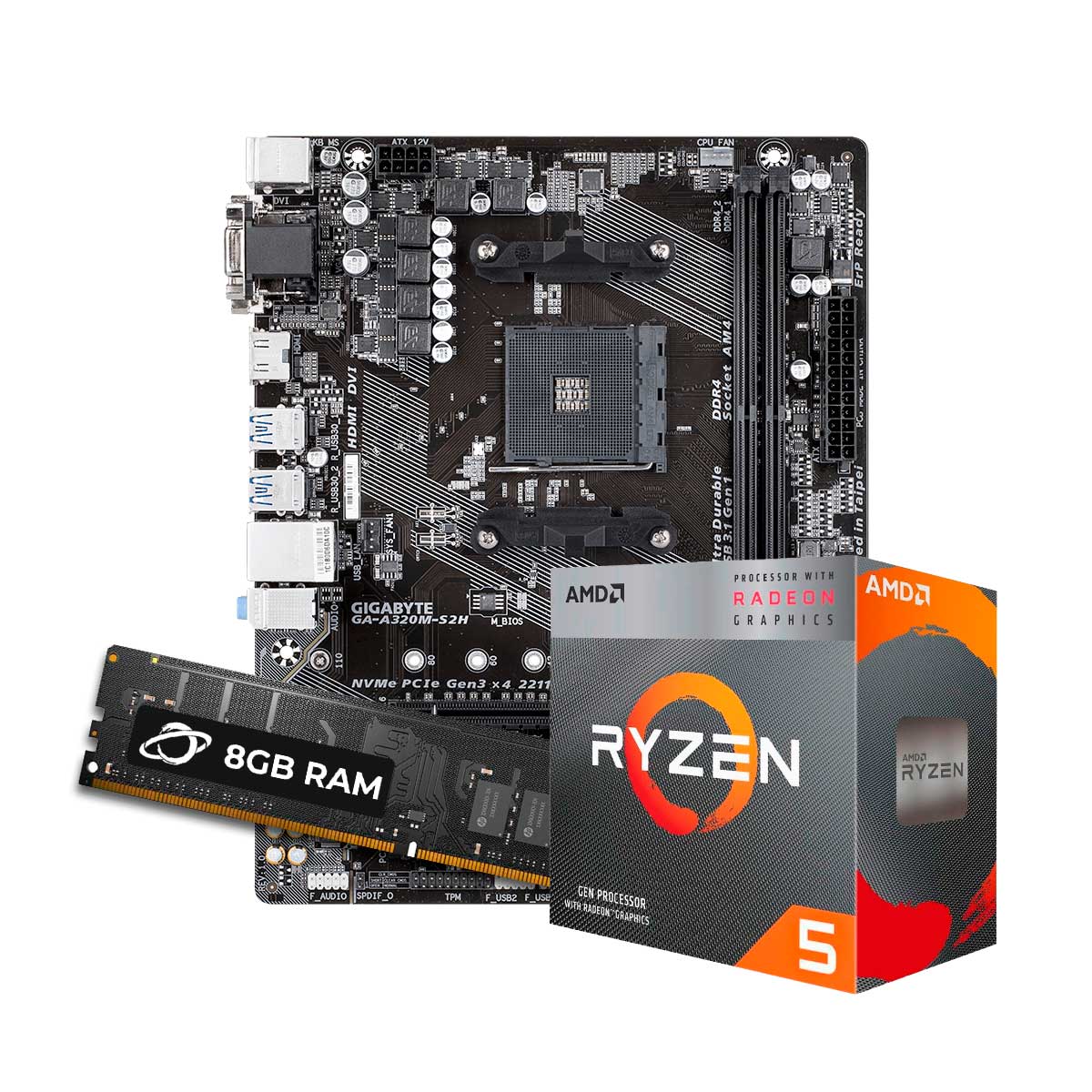Kit Upgrade Processador AMD Ryzen™ 5 4600G + GIGABYTE GA-A320M-S2H + Memória 8GB DDR4