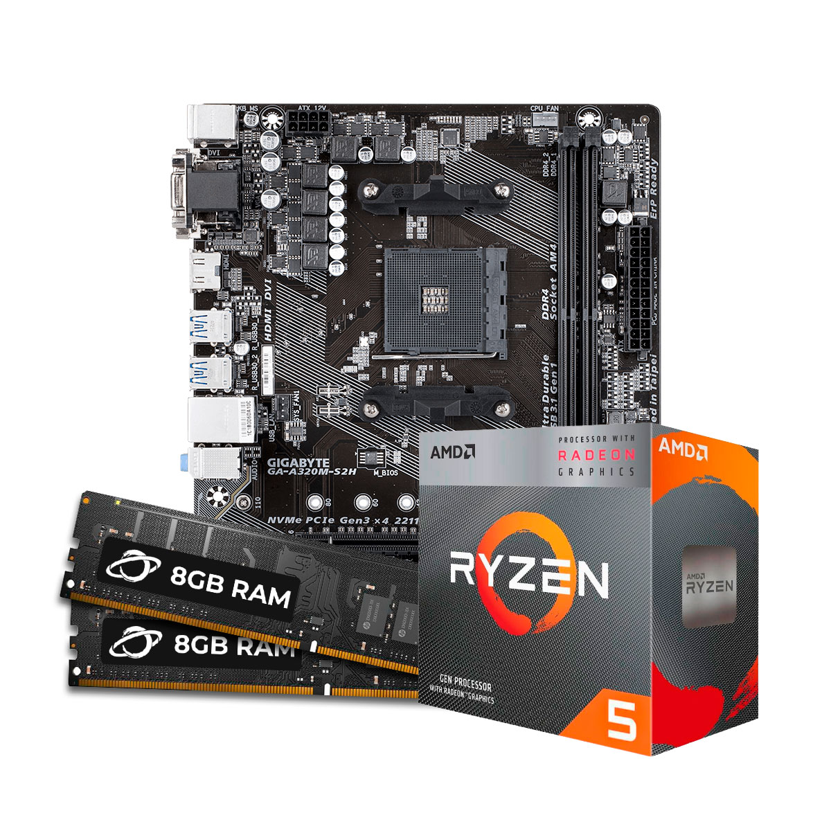Kit Upgrade Processador AMD Ryzen™ 5 5600G + GIGABYTE GA-A320M-S2H + Memória 16GB DDR4 (2x 8GB Dual channel)