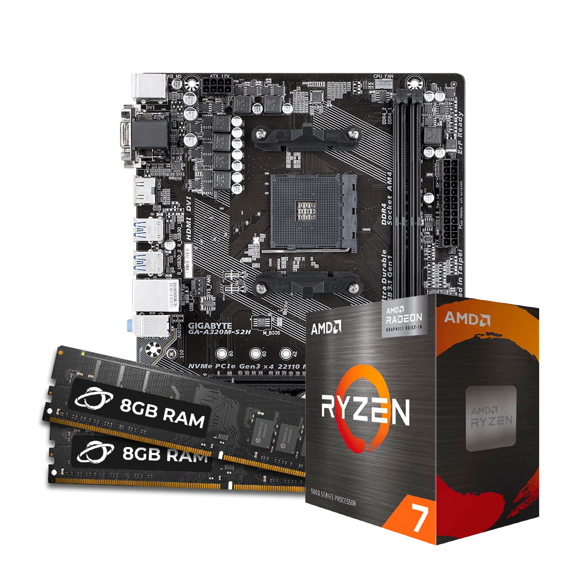 Kit Upgrade Processador AMD Ryzen™ 7 5700G + GIGABYTE GA-A320M-S2H + Memória 16GB DDR4 (2x 8GB Dual channel)