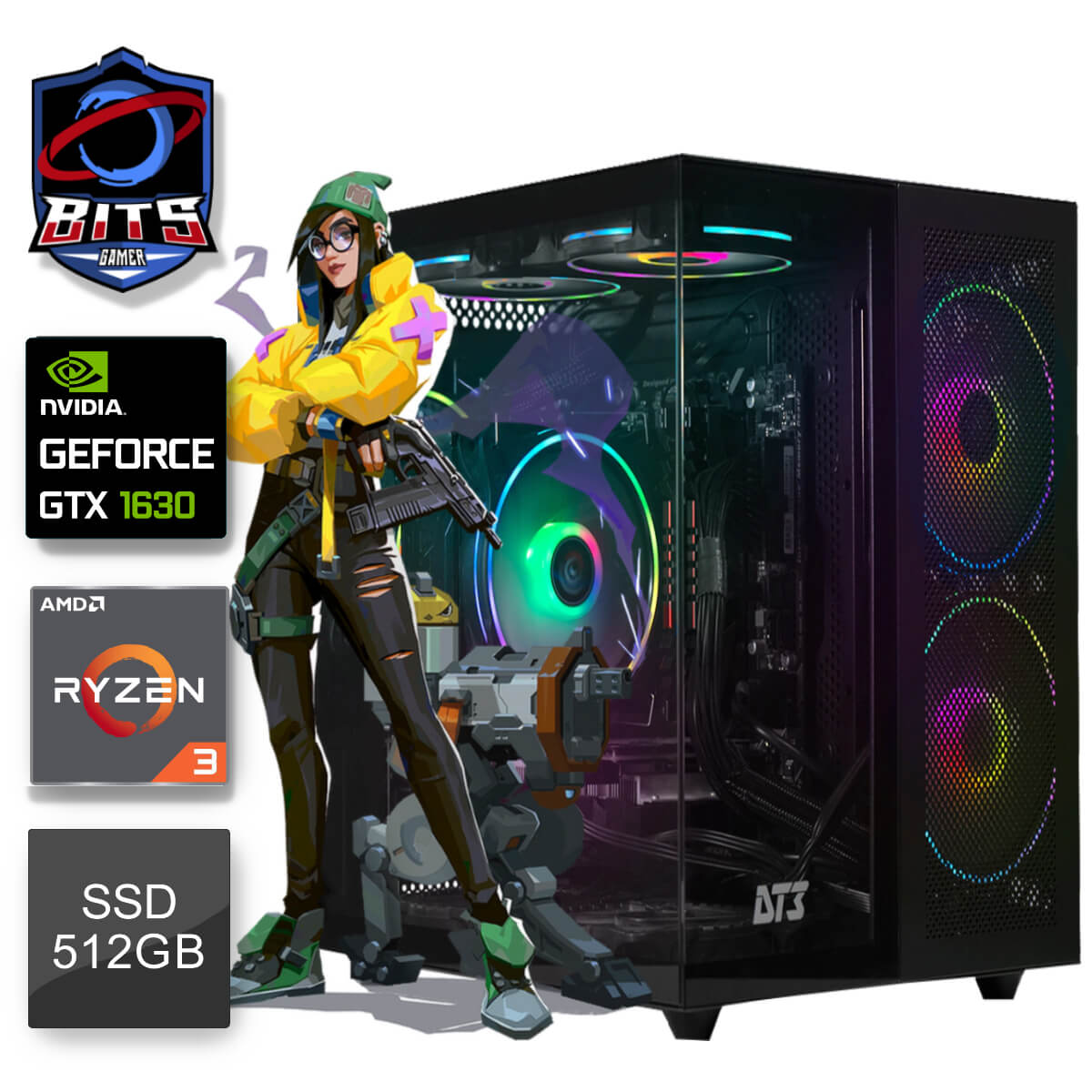 PC Gamer Bits 2025 - AMD Ryzen 3 4100, 16GB DDR4, SSD 512GB, Video Geforce GTX 1630 - Windows 11