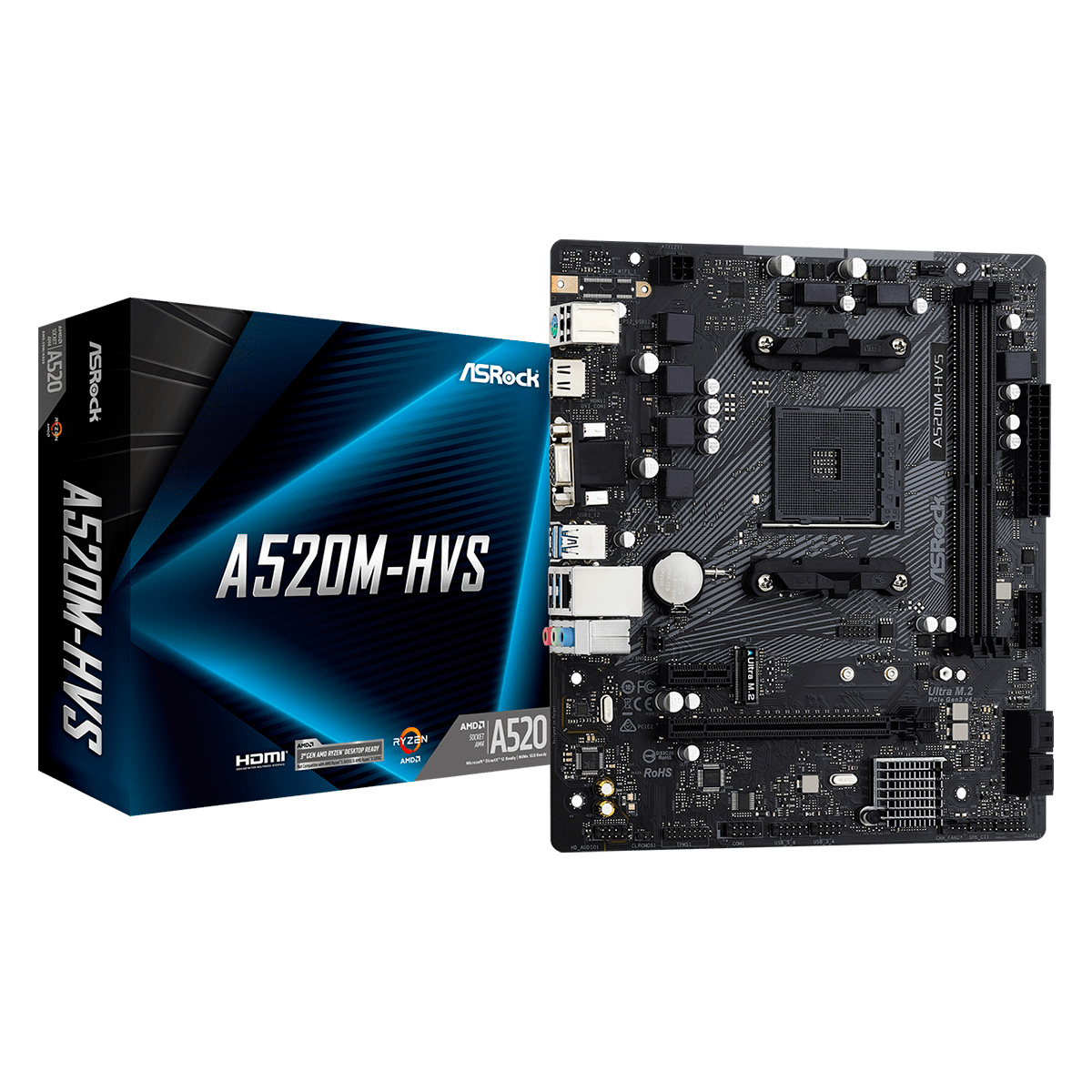 Placa Mãe ASRock A520M-HVS - (AM4 - DDR4 4600 OC) - Chipset AMD A520 - USB 3.2 - Slot Hyper M.2 - Micro ATX