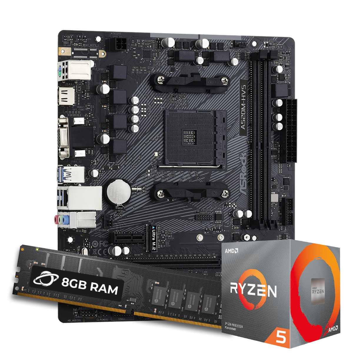 Kit Upgrade Processador AMD Ryzen™ 5 5500 + Placa Mãe ASrock A520M-HVS + Memória 8GB DDR4