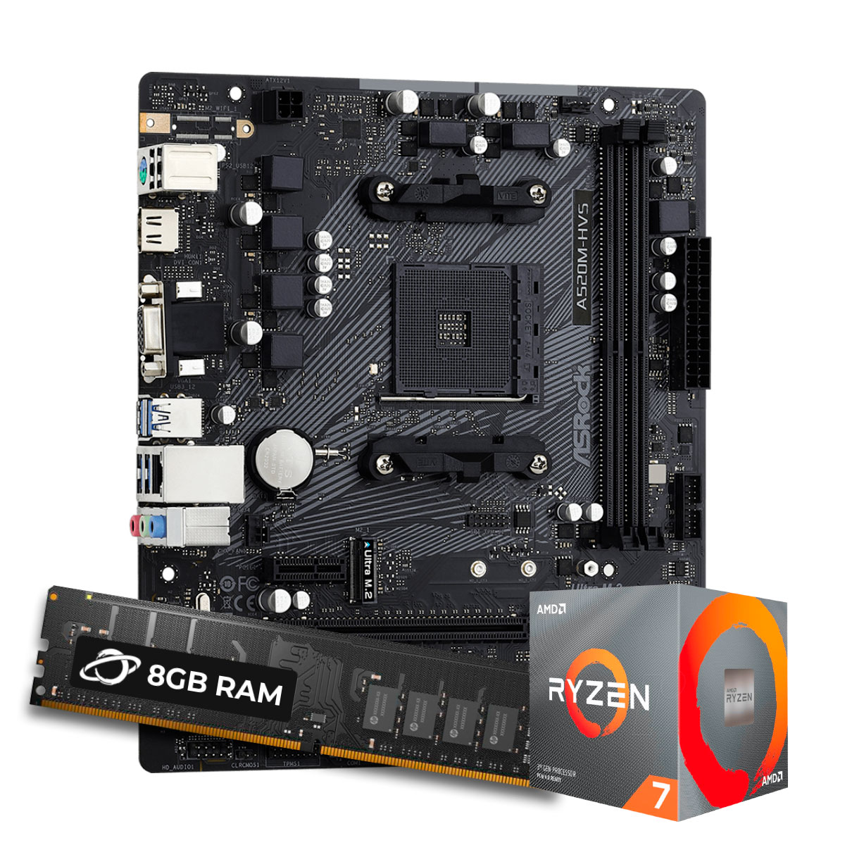 Kit Upgrade Processador AMD Ryzen™ 7 5700X + Placa Mãe ASrock A520M-HVS + Memória 8GB DDR4