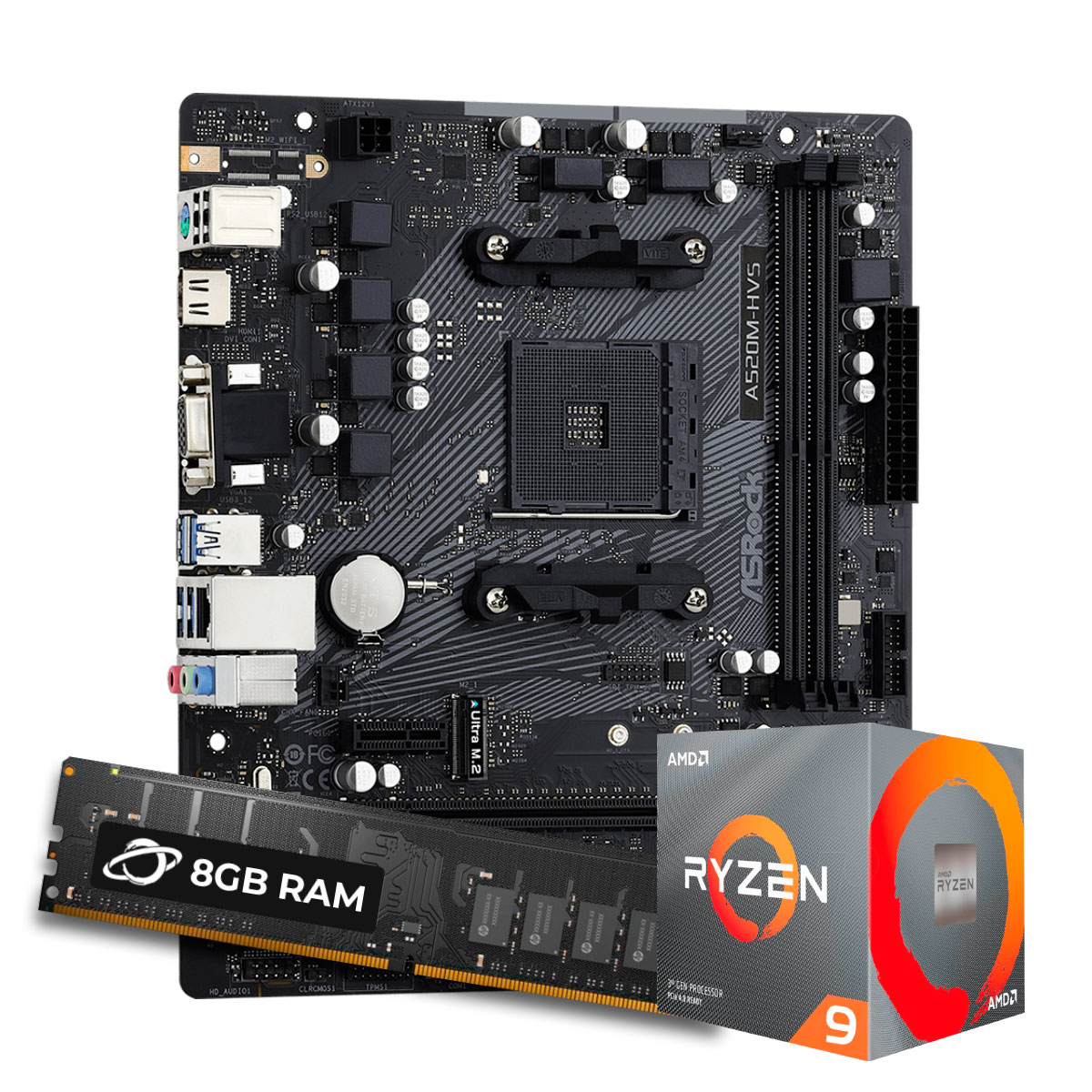 Kit Upgrade Processador AMD Ryzen™ 9 5900X + Placa Mãe ASrock A520M-HVS + Memória 8GB DDR4