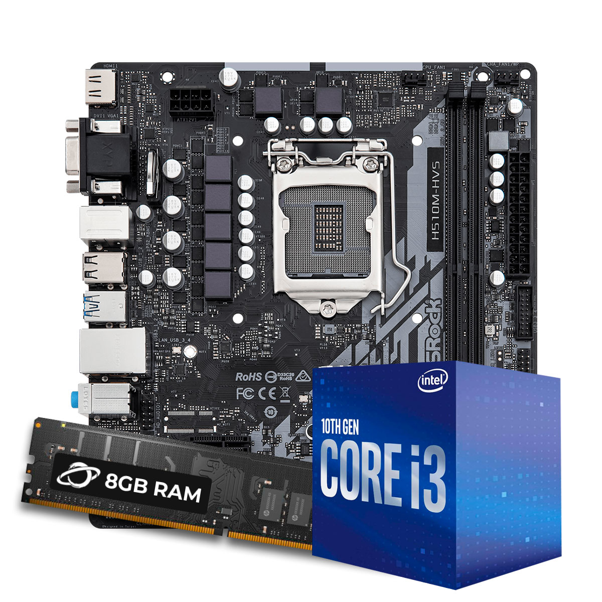 Kit Upgrade Processador Intel® Core™ i3 10100F + Placa Mãe Asrock H510M-HVS R2 + Memória 8GB DDR4