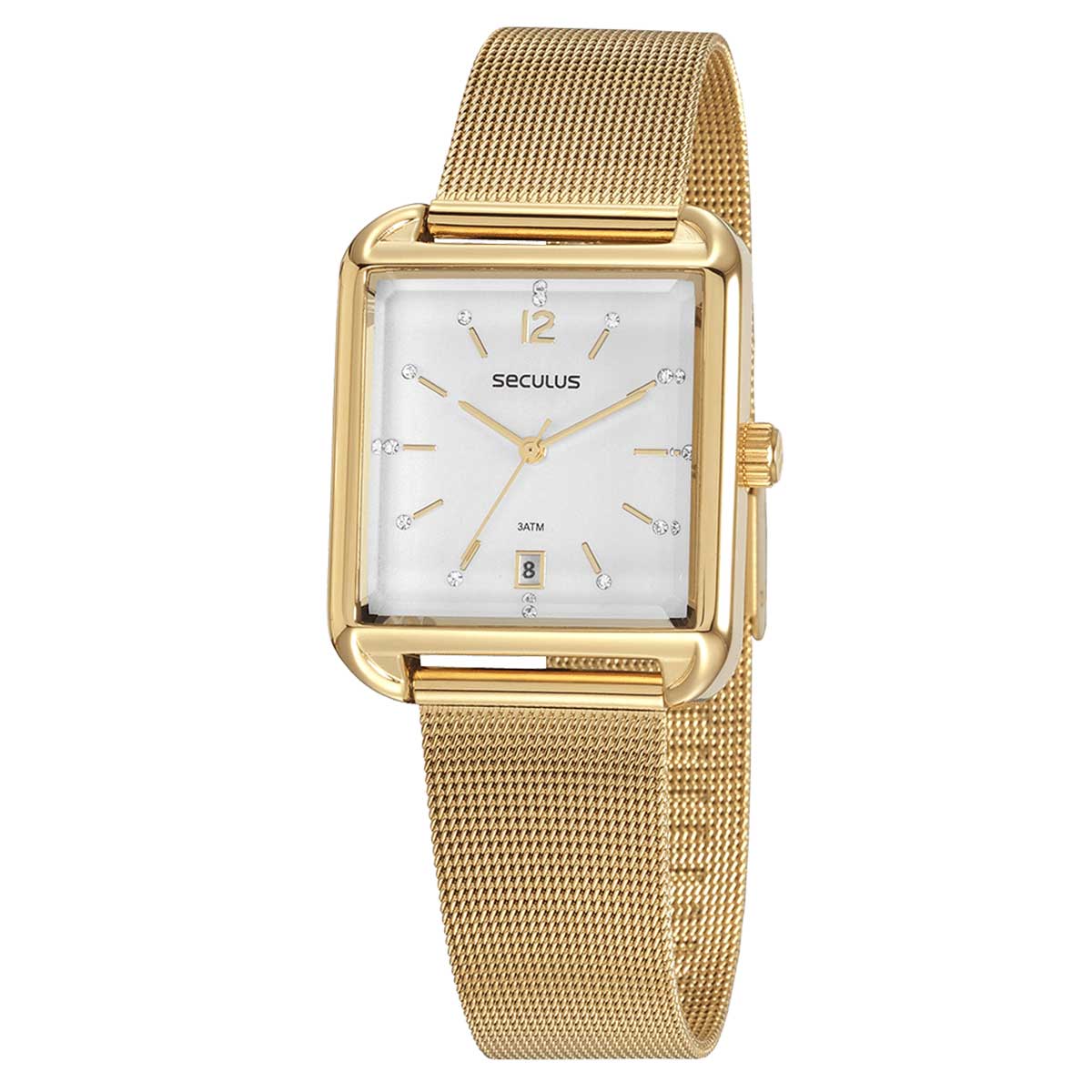 Relógio Feminino Seculus Quadrado Malha de Aço Dourado - 77082LPSVDS1