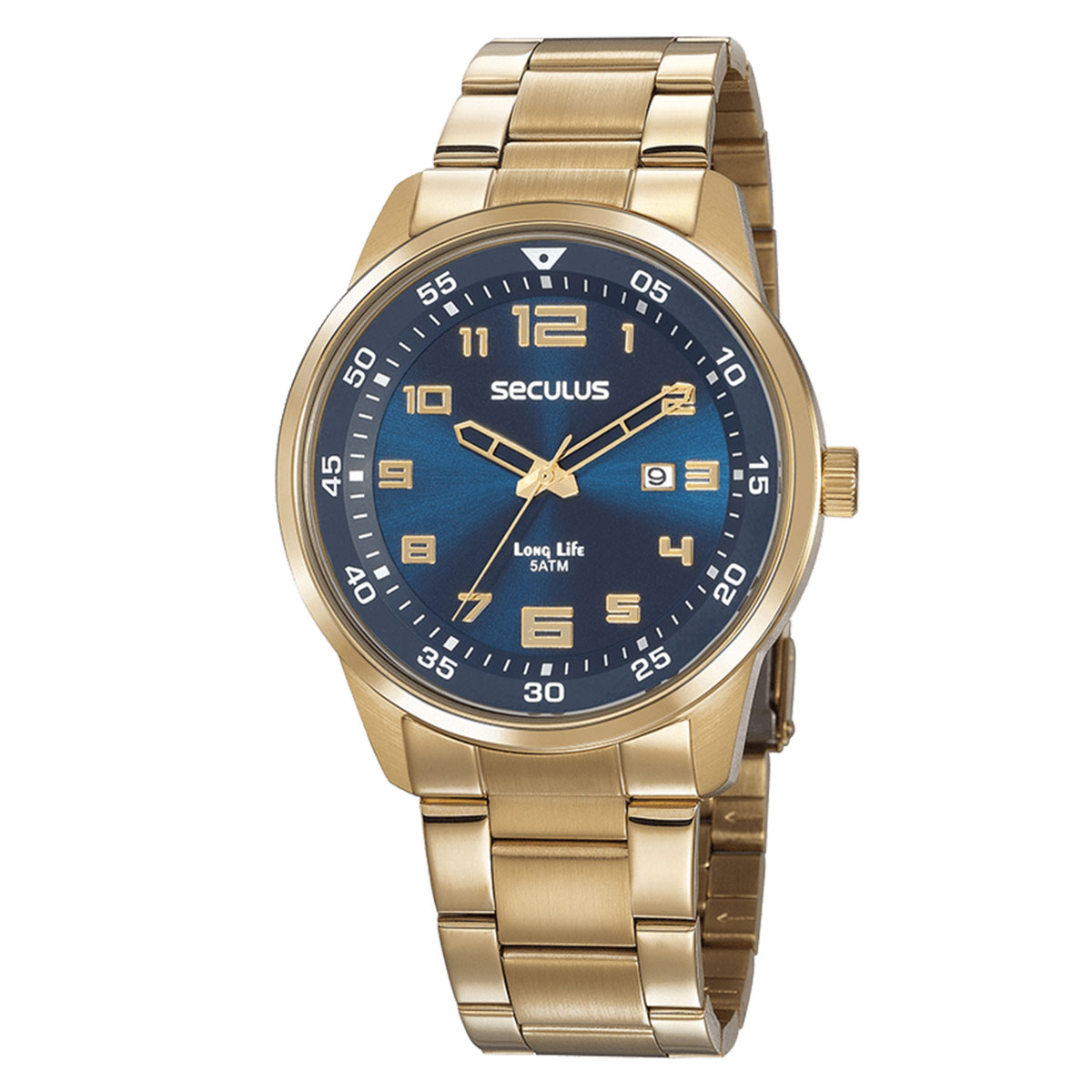 Relógio Masculino Seculus Long Life Calendário Aço Dourado - 20802GPSVDA2