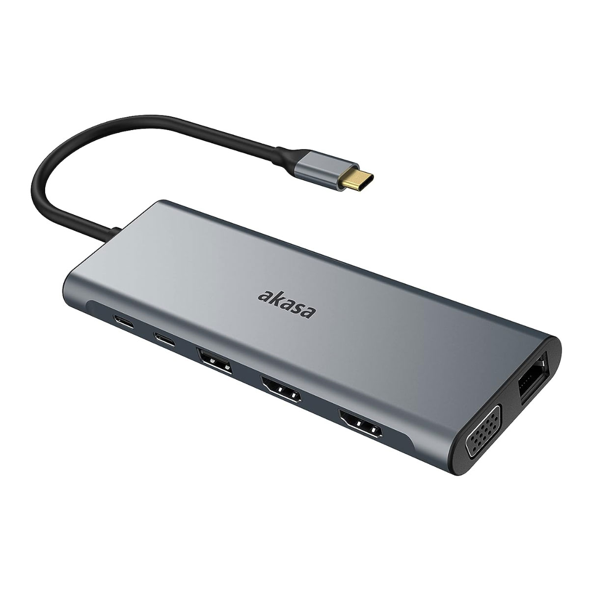 Adaptador Conversor USB-C para 2 HDMI 4K - VGA - 5 Portas USB - Leitor de Cartão - USB-C PD - RJ45 - P3 - Akasa AK-CBCA28-18BK