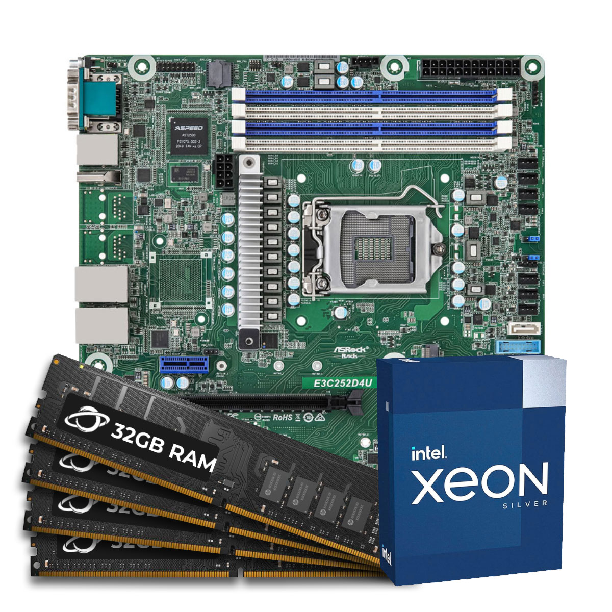 Kit Upgrade Servidor - Processador Intel® Xeon® E-2324G + Placa Mãe Server ASRock E3C252D4U + Memória ECC 128GB DDR4 (4x 32GB)