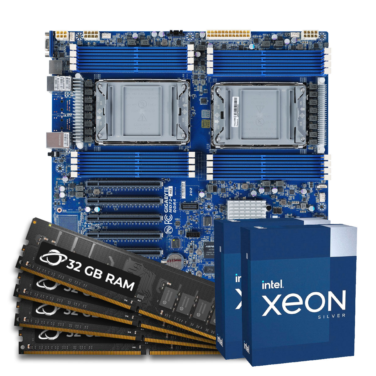 Kit Upgrade Servidor - 2x Processador Intel® Xeon Silver 4310 + Placa Mãe Server Gigabyte MD72-HB3 + Memória ECC, REG, RDIMM 128GB DDR4 (4x 32GB)
