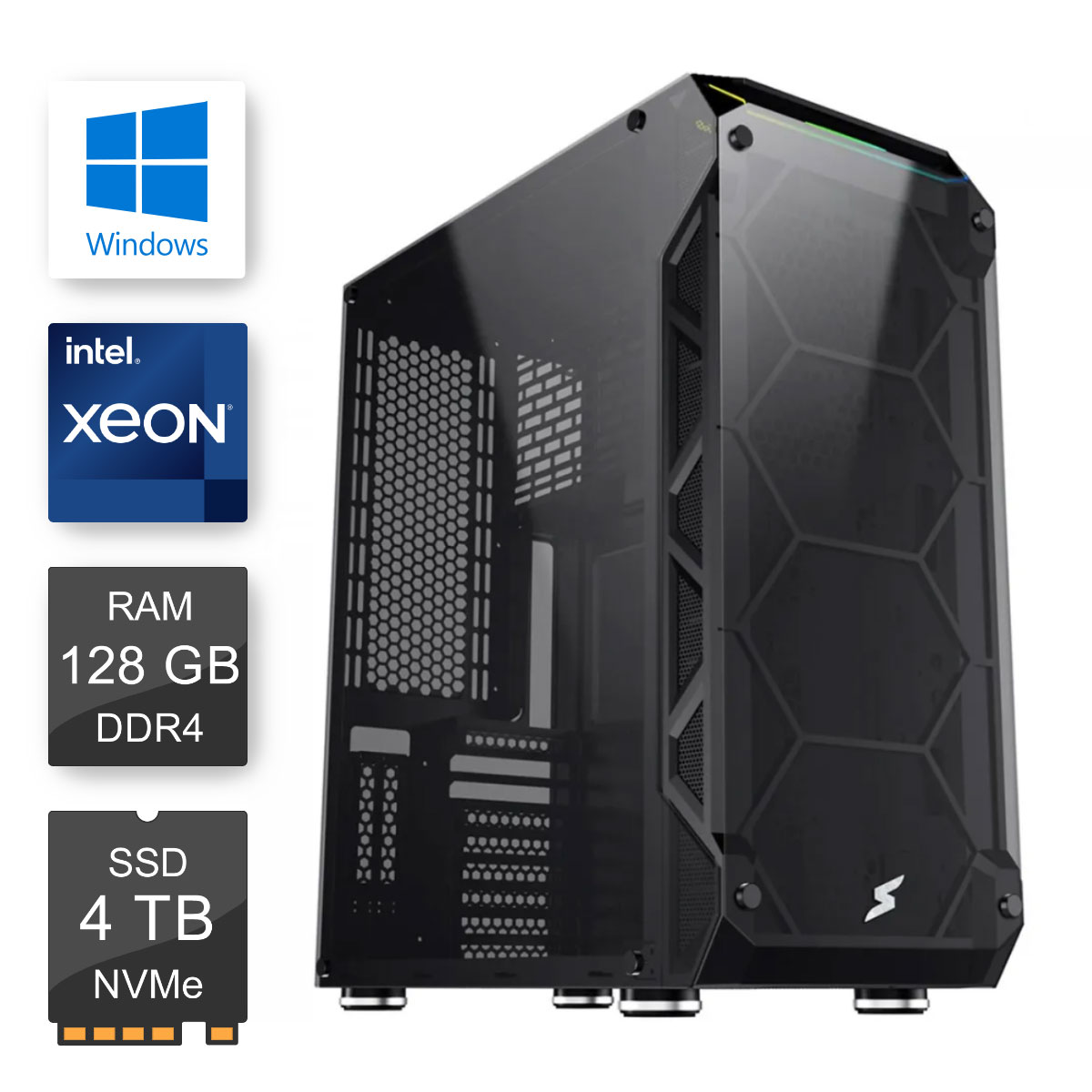 Servidor Bits 2024 - Intel® Xeon E-2324G, RAM 128GB ECC, SSD 4TB NVMe, Fonte 1000W, Refrigeração Líquida, Windows Server 2019 Essentials