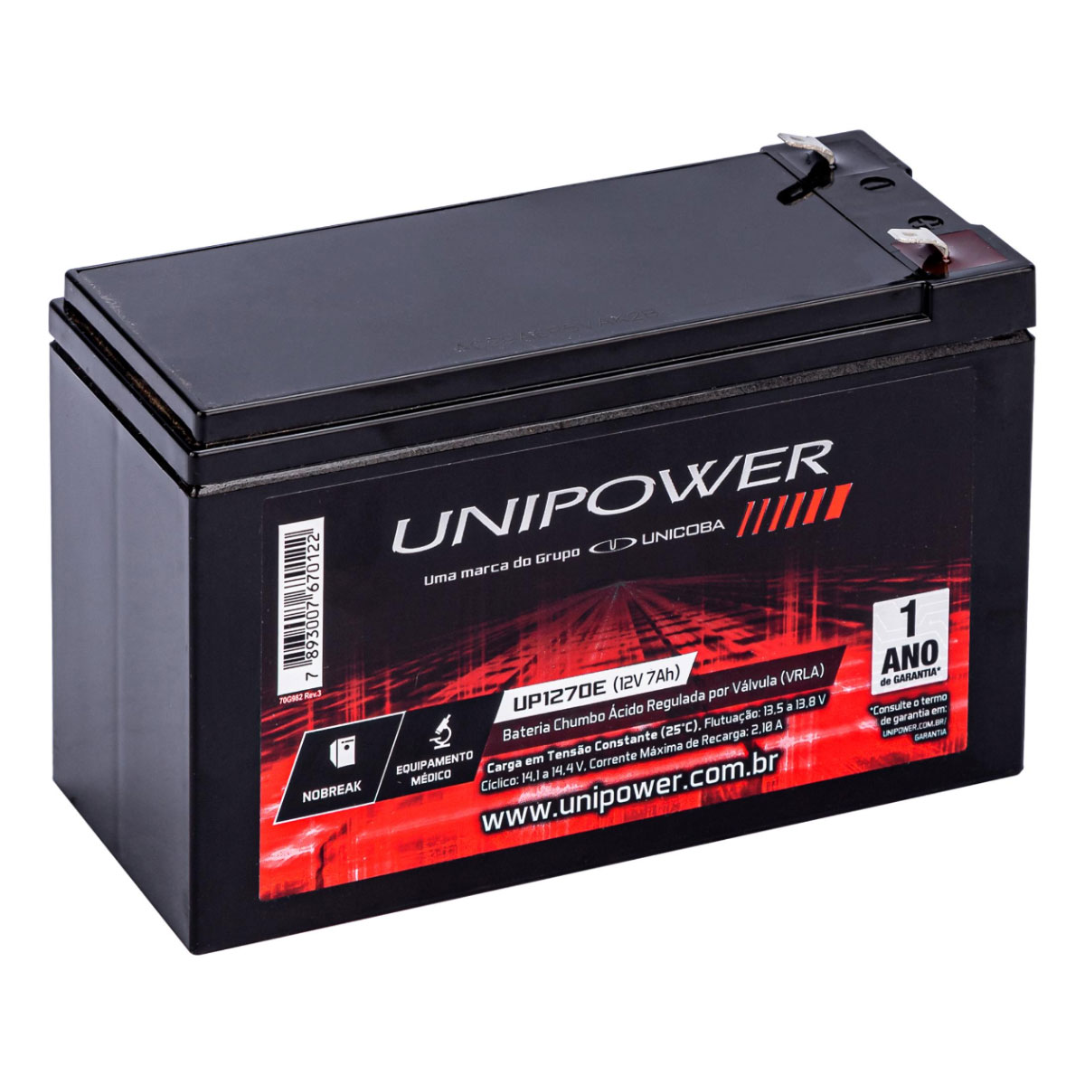 Bateria para Nobreak e Sistemas de Monitoramento e Segurança - 12V / 7Ah - Selada Estacionária - Unipower UP1270E