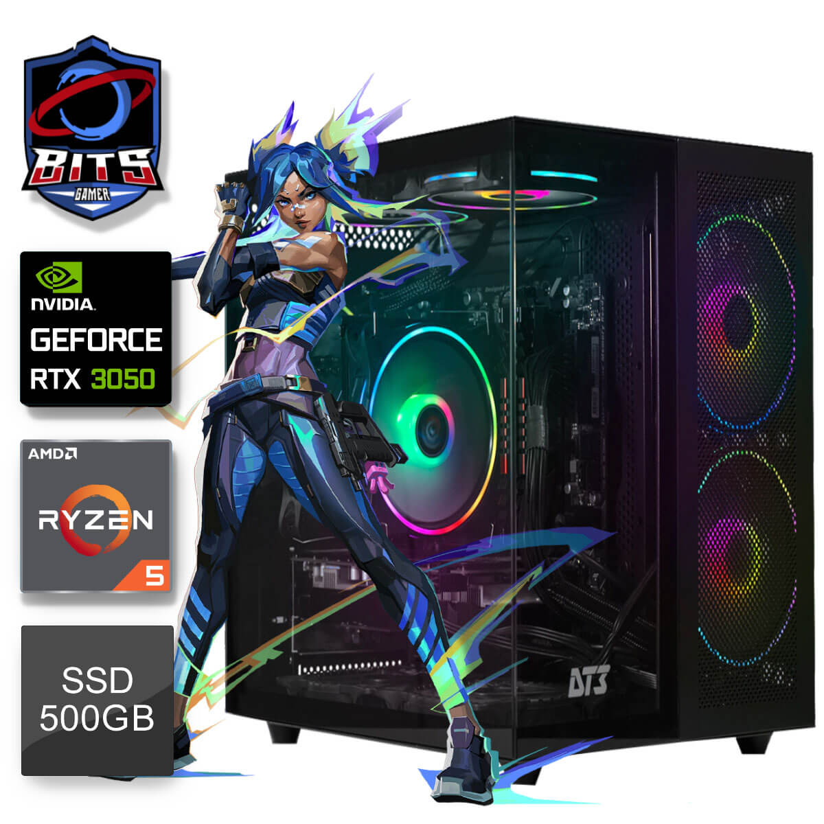 PC Gamer Bits 2025 - Ryzen 5 5500, RAM 16GB, SSD 500GB, Video GeForce RTX 3050 - Windows 11