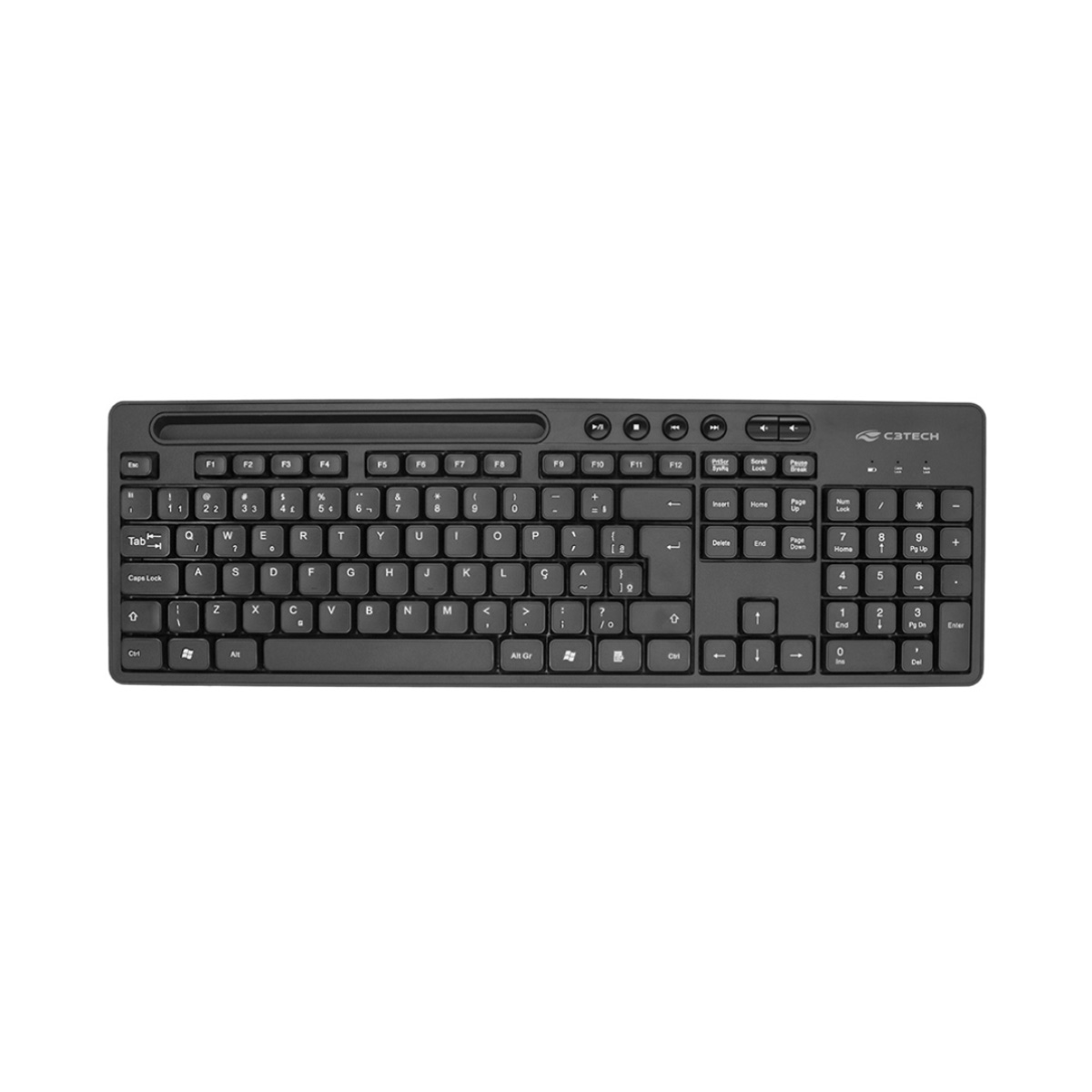 Teclado sem Fio C3Tech KB-W100BK - Conexão USB 2.4GHz - Apoio para Smartphone e Tablet - ABNT2 - Preto