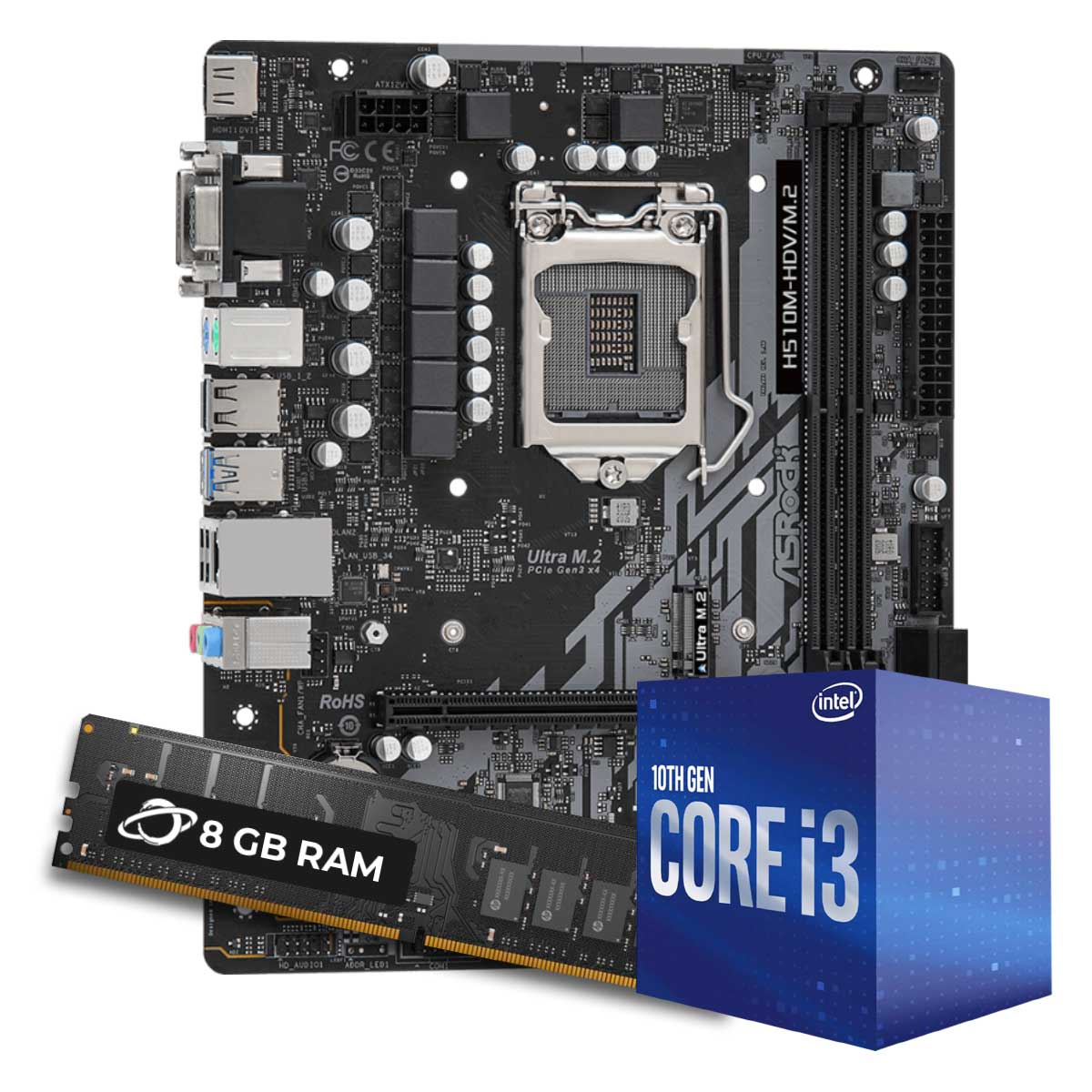 Kit Upgrade Processador Intel® Core™ i3 10105F + Placa Mãe Asrock H510-HDV M.2 + Memória 8GB DDR4