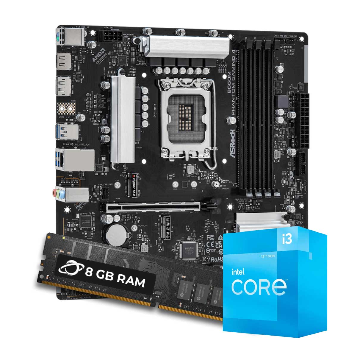 Kit Upgrade Processador Intel® Core™ i3 12100F + Placa Mãe Asrock B660M PHANTOM GAMING + Memória 8GB DDR4