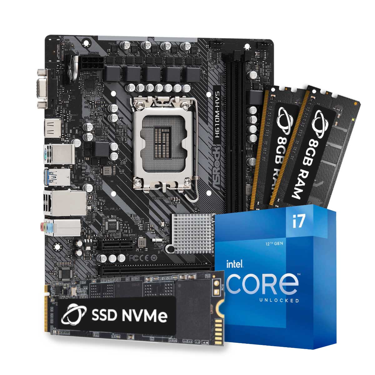 Kit Upgrade Processador Intel® Core™ i7 12700KF + Placa Mãe Asrock H610M-HVS + Memória 16GB DDR4 + 1TB SSD