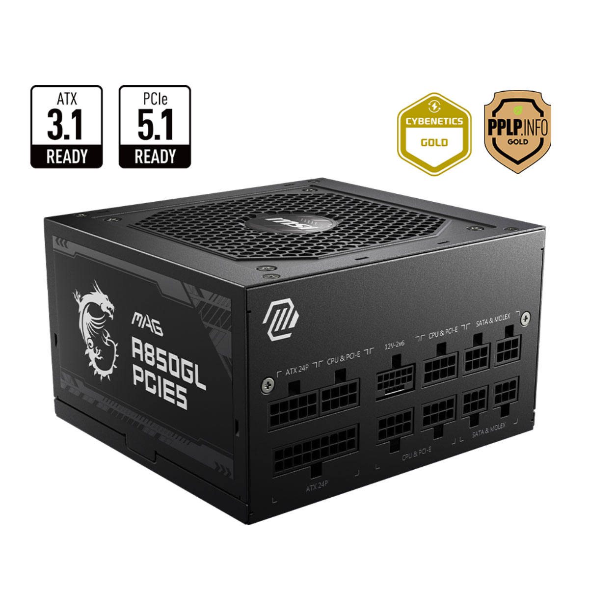 Fonte 850W MSI MAG A850GL PCIE5 - Modular - Eficiência Até 90% - 80 PLUS® Gold - PFC Ativo - Preto