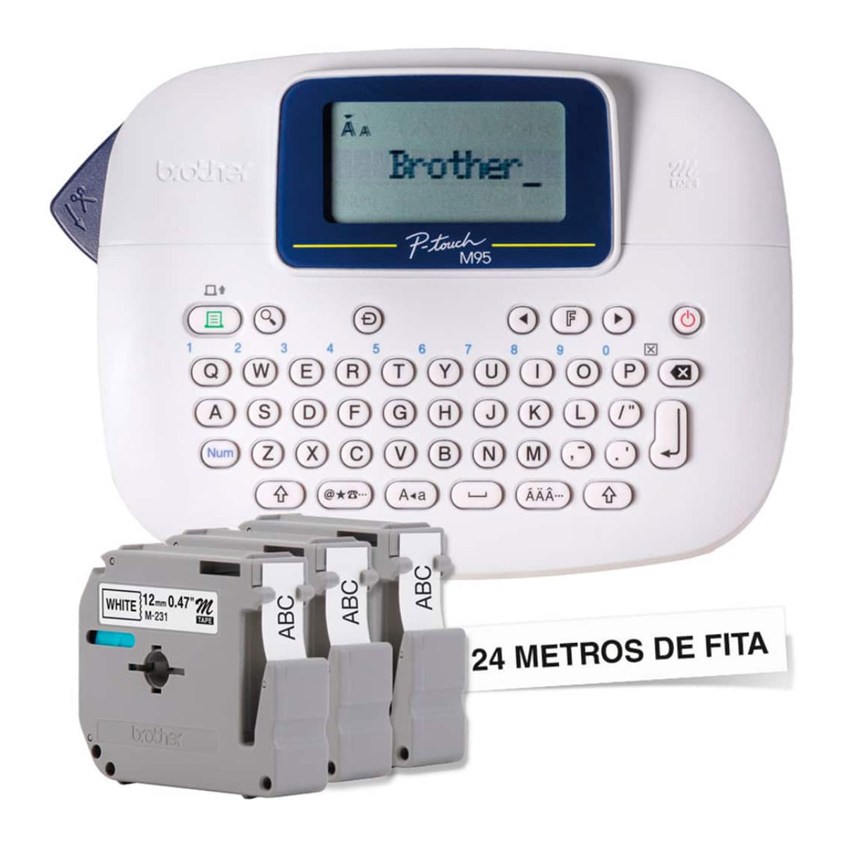 Rotulador Eletrônico Brother PT-M95 - Acompanha 3 Fitas de 12mm - Tela LCD - para Fitas M Não Laminadas - Branco