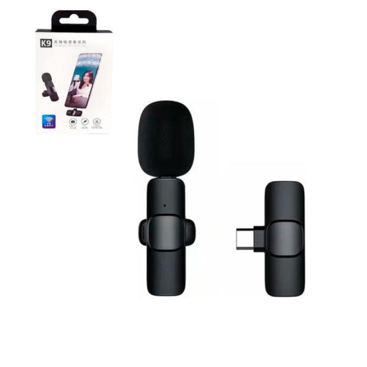 Microfone de Lapela K9 - Sem Fio - USB-C - Preto - MIC0051