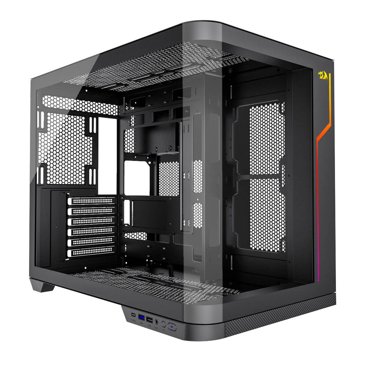 Gabinete Gamer Aquário Redragon Wideload Extreme - Lateral e Frontal em Vidro Curvo - USB 3.0 e USB-C - Iluminação RGB - Suporte para 9 Fans - Preto - CA-605B
