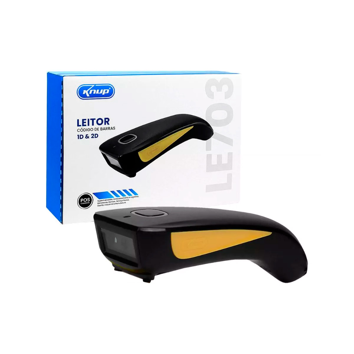 Leitor de Código de Barras e QR Code - Knup LE703 - Sem Fio - USB e Bluetooth - Laser - 2D - Lê Códigos Diretamente da Tela do Celular - Preto