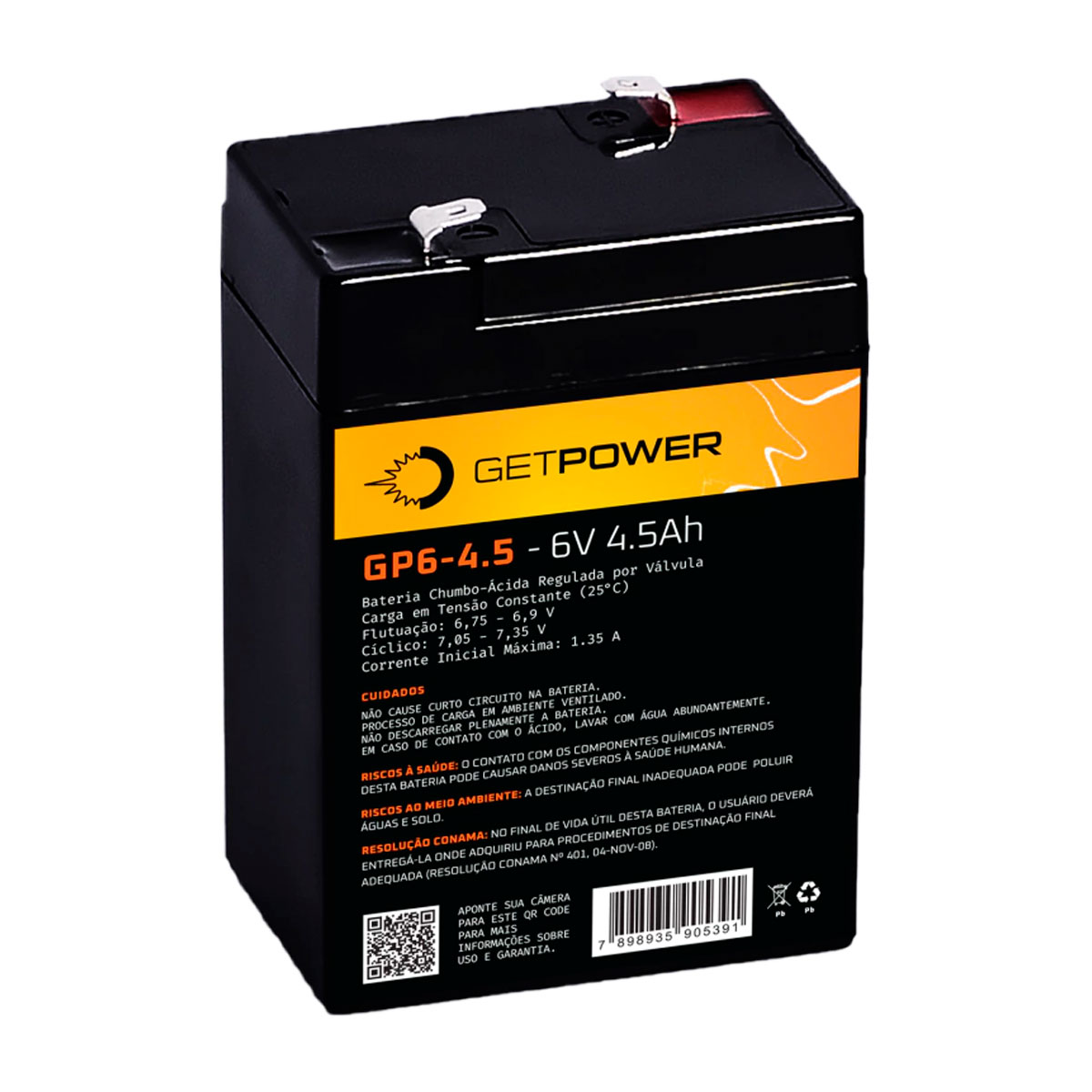 Bateria para Nobreak e Sistemas de Monitoramento e Segurança - 6V / 4.5Ah - Estacionária - Getpower P0600045A1A50