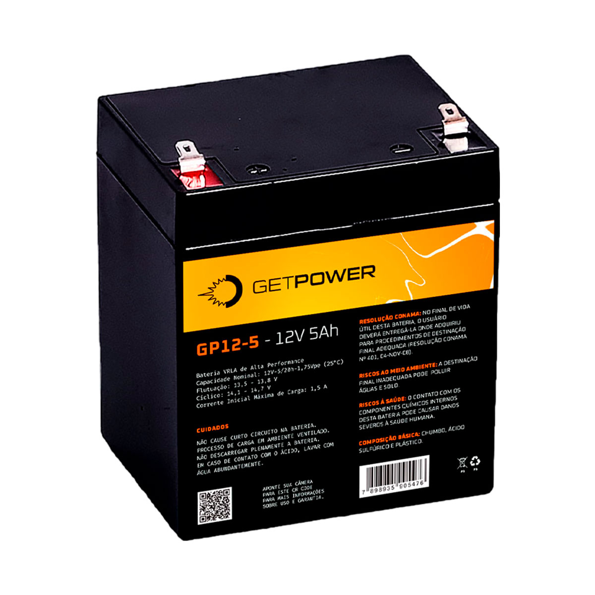 Bateria para Nobreak e Sistemas de Monitoramento e Segurança - 12V / 5Ah - Estacionária - Getpower P1200050A1A81