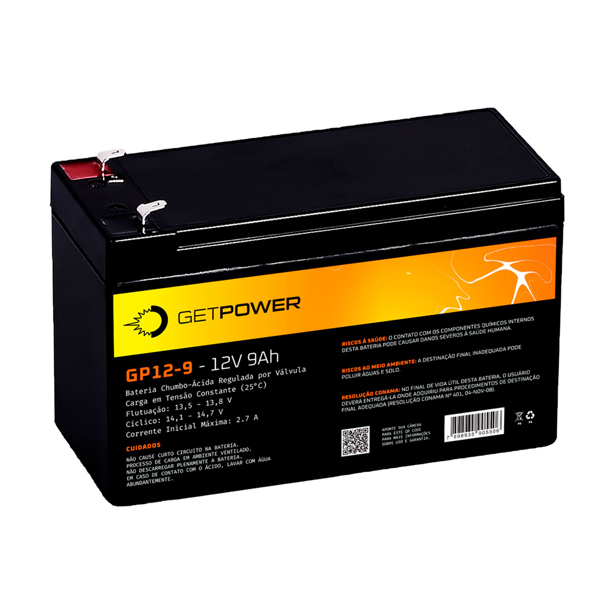 Bateria para Nobreak e Sistemas de Monitoramento e Segurança - 12V / 9Ah - Estacionária - Getpower P1200090B1A98
