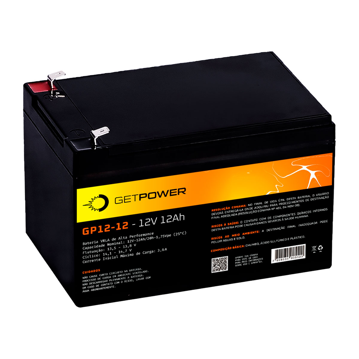 Bateria para Nobreak e Sistemas de Monitoramento e Segurança - 12V / 12Ah - Estacionária - Getpower P1200120A1A68