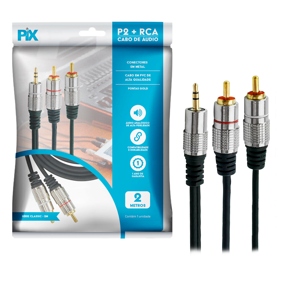 Cabo Conversor de Audio P2 x RCA Duplo - Ideal para aparelhos MP3, MP4, Ipod - 2 Metros - PIX-018-0702