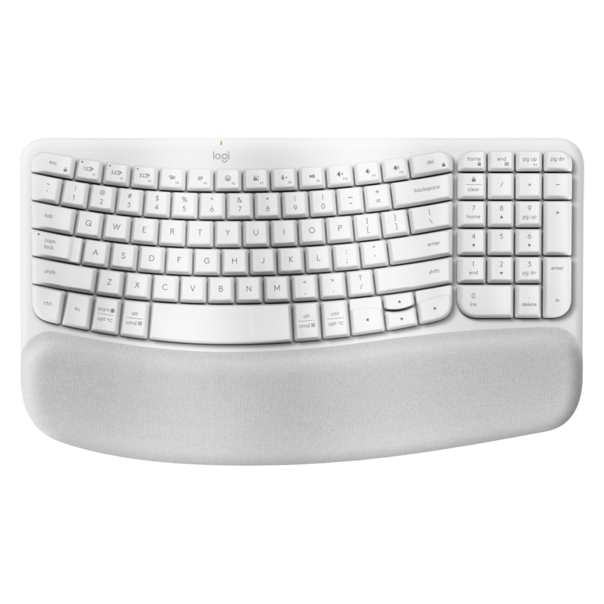 Teclado sem Fio Logitech Wave Keys - Padrão US - Ergonômico - Bluetooth - Logi Bolt - Branco - 920-012282