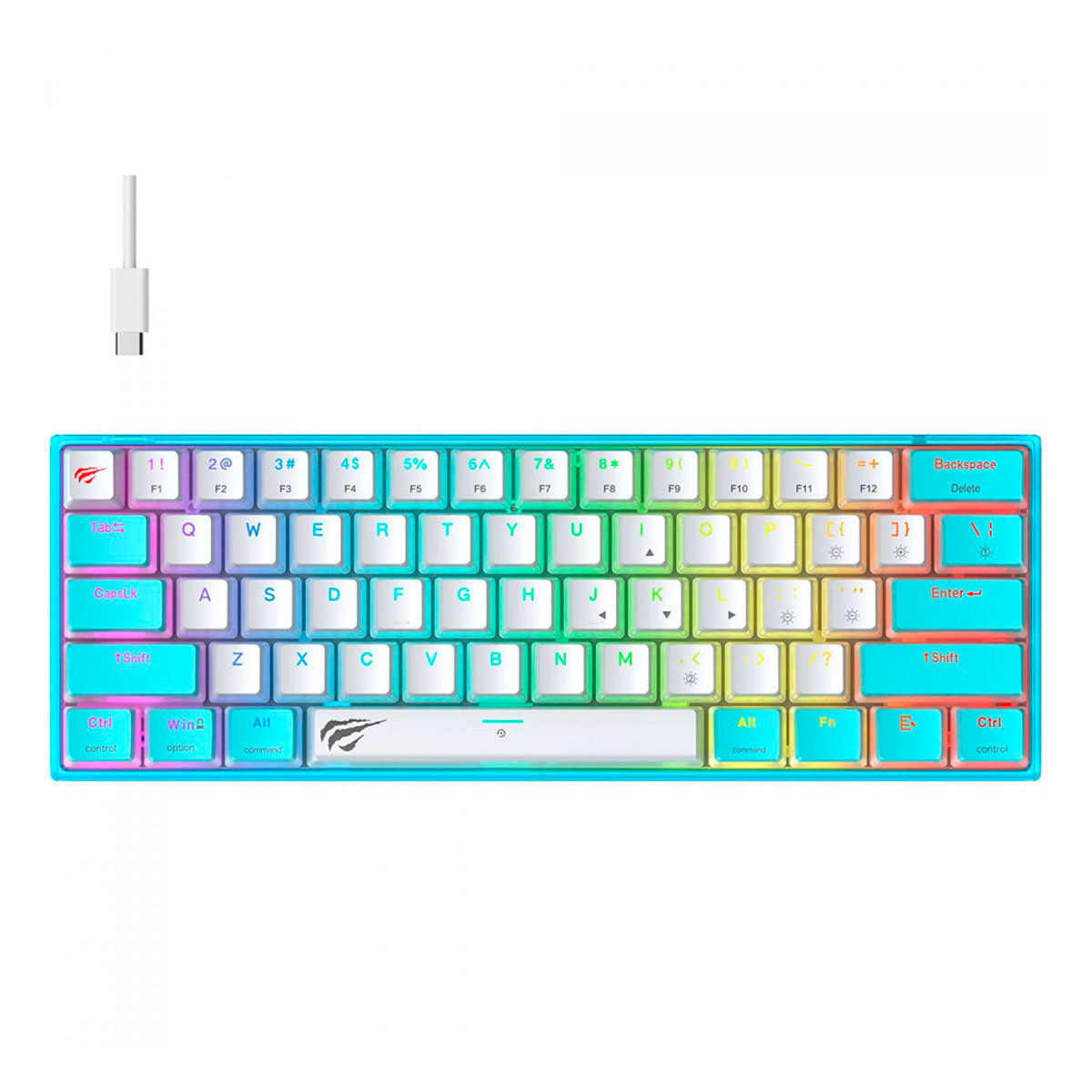 Teclado Mecânico Gamer Havit KB877L - Formato 60% - Iluminação RGB - Switch Content Red - Branco e Azul - HVKB-KB877L-BL+WH