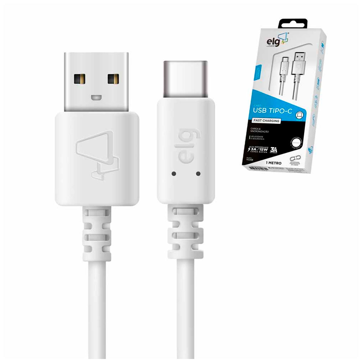 Cabo USB-C para USB - Fast Charging - 3A - 15W - 1 Metro - Branco - ELG TCUSB