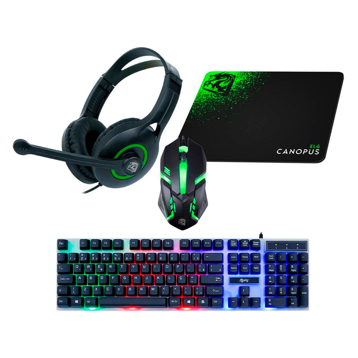 Kit Gamer ELG Canopus - Teclado Gamer LED ABNT2 + Mouse 2400DPI + Mousepad 25 x 20 + Headset P3 com Microfone - CGCS41