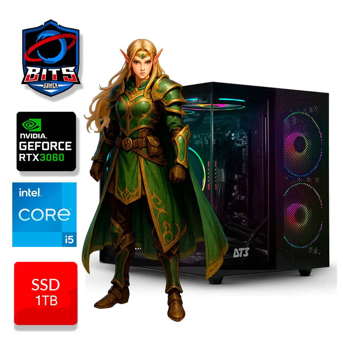 PC Gamer Bits 2025 - Intel i5 12400F, 16GB, SSD 1TB NVMe, Video GeForce RTX 3060 12GB - Windows 11 Professional