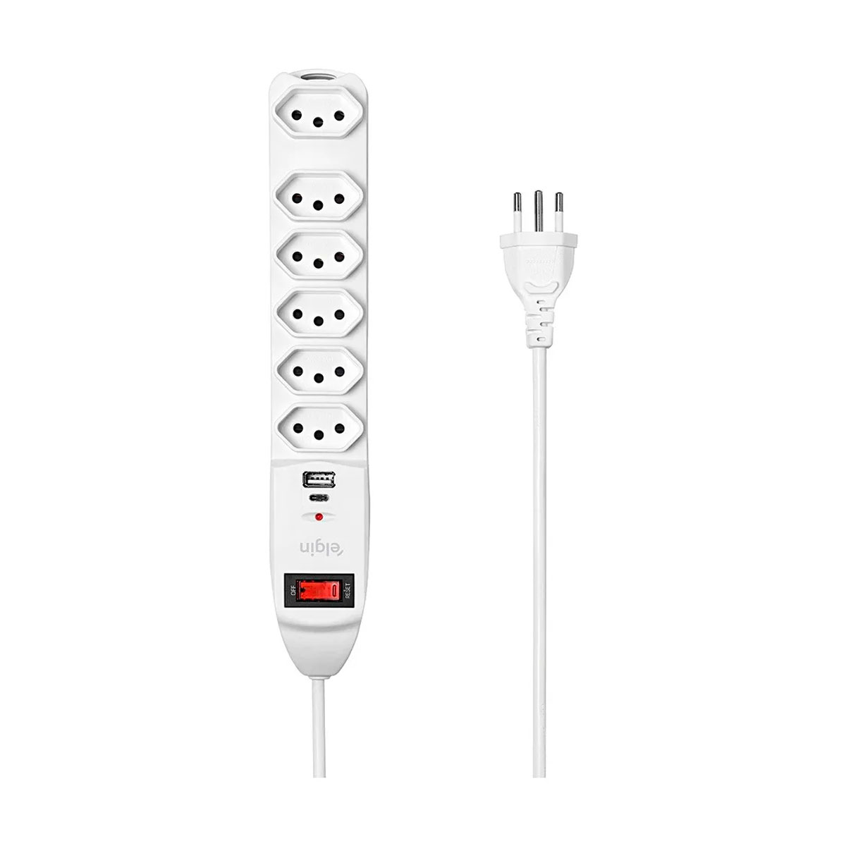 Filtro de linha 6 tomadas Elgin - Bivolt - Padrão 3 Pinos - 10A - Carregador USB e USB-C - Branco - 46RFL306OUSB