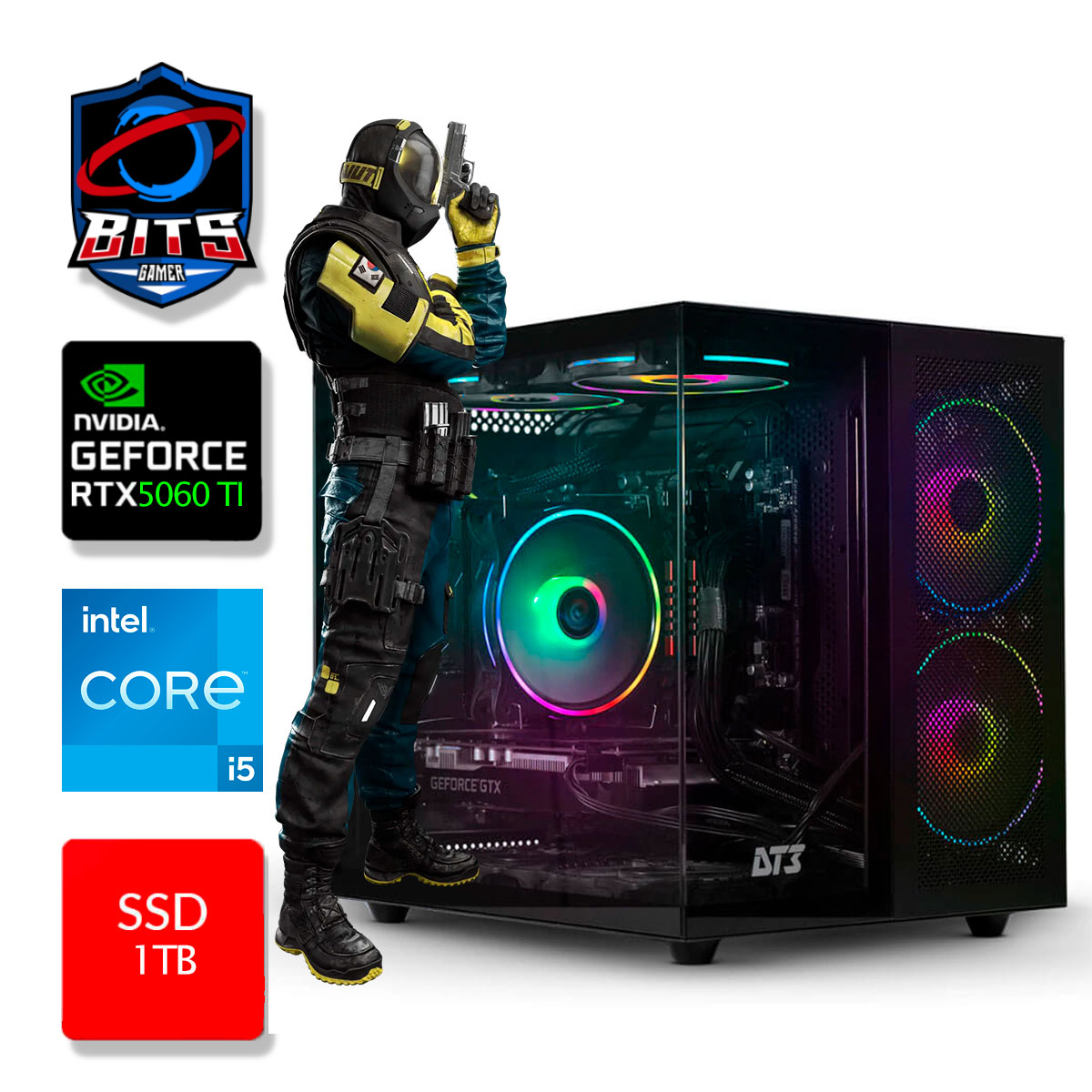 PC Gamer Bits 2025 - Intel i5 14400F, 16GB, SSD 1TB NVMe, GeForce RTX 5060TI 8GB - Windows 11 Professional
