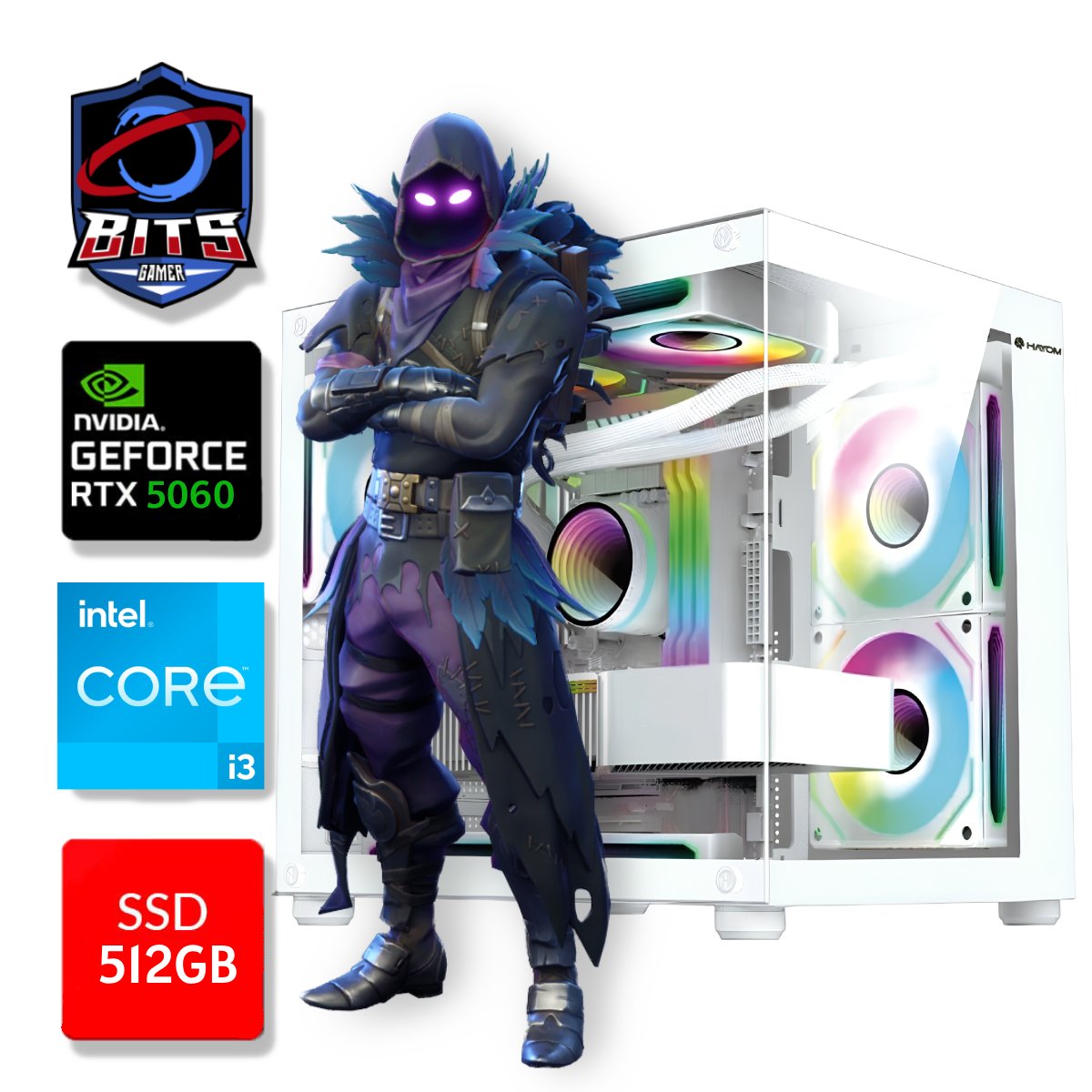 PC Gamer Bits White 2025 - Intel i3 14100F, 16GB, SSD 512GB NVMe, GeForce RTX 5060 8GB, Windows 11 Professional