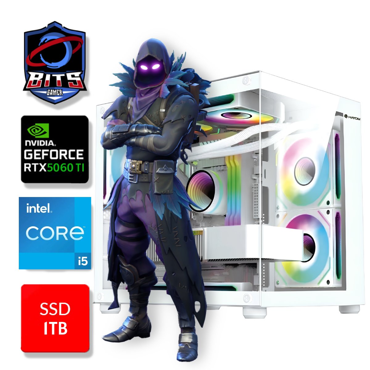 PC Gamer Bits White 2025 - Intel i5 14400F, 16GB, SSD 1TB NVMe, GeForce RTX 5060TI 8GB, Windows 11 Professional