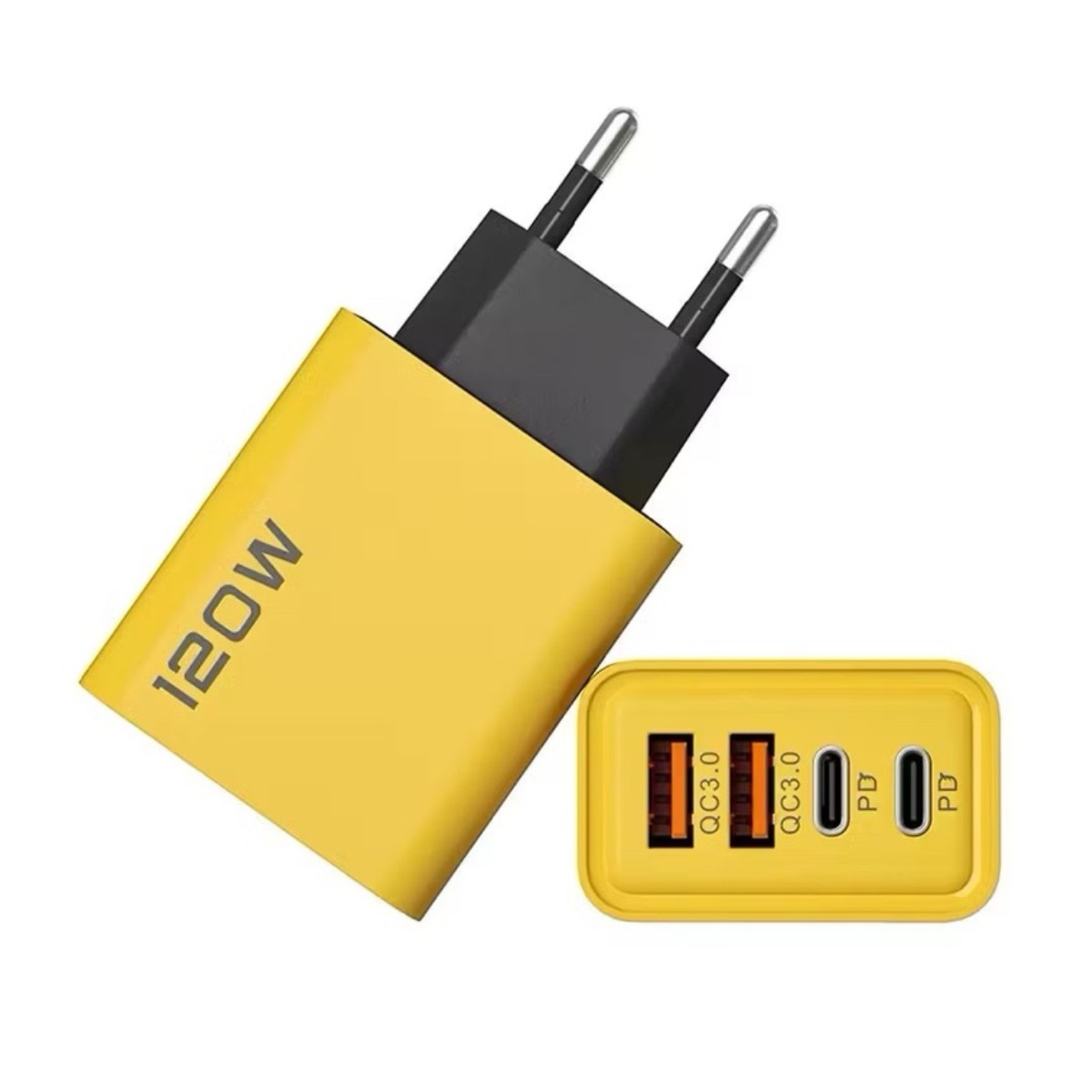 Carregador de Parede USB e USB-C - Fast Charge - 120W - Carregamento Rápido - Com Cabo - Amarelo - KO-71
