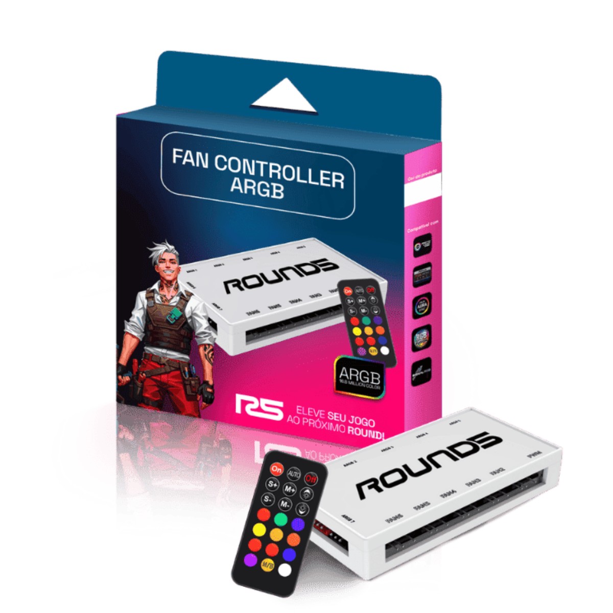 Controladora de Fans ARGB Round 5 - 6 portas PWM e 7 portas ARGB - Controle Remoto - Branco - R5-CONTROLLER-ARGB-W-2208