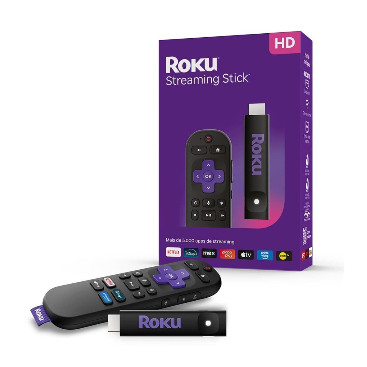 Smart Box Streaming Player - Roku Streaming Stick 2025 - Full HD - Controle por Voz e Remoto - Transforme TV em Smart TV - 3840BR